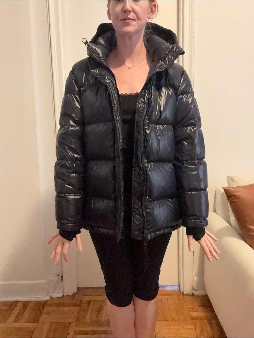 Quince Shiny Black Hooded Puffer Jacket